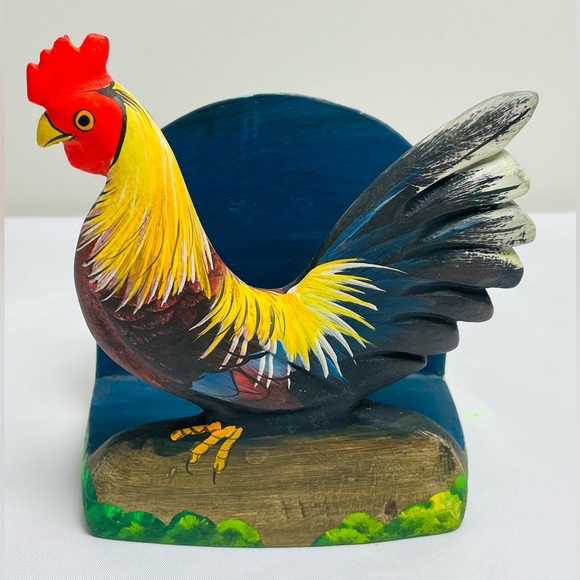 Hand Carved Hand Painted Wood Rooster  Napkin Holder Farm Beach House - Picture 1 of 9